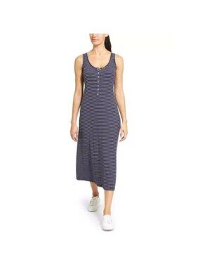 Athleta Hermosa Blue Striped Henley Sleeveless Midi Dress